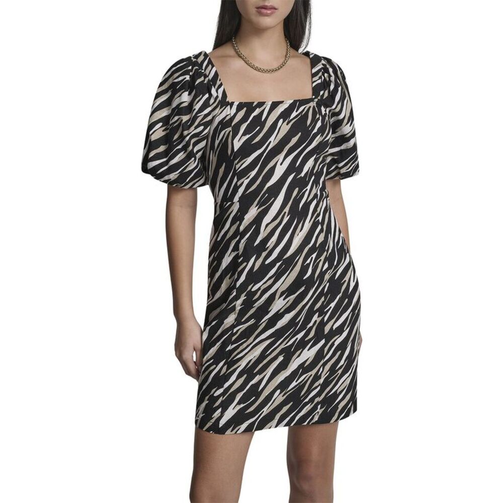 Dkny Womens Puff Sleeve Printed Linen-Blend Dress, Black